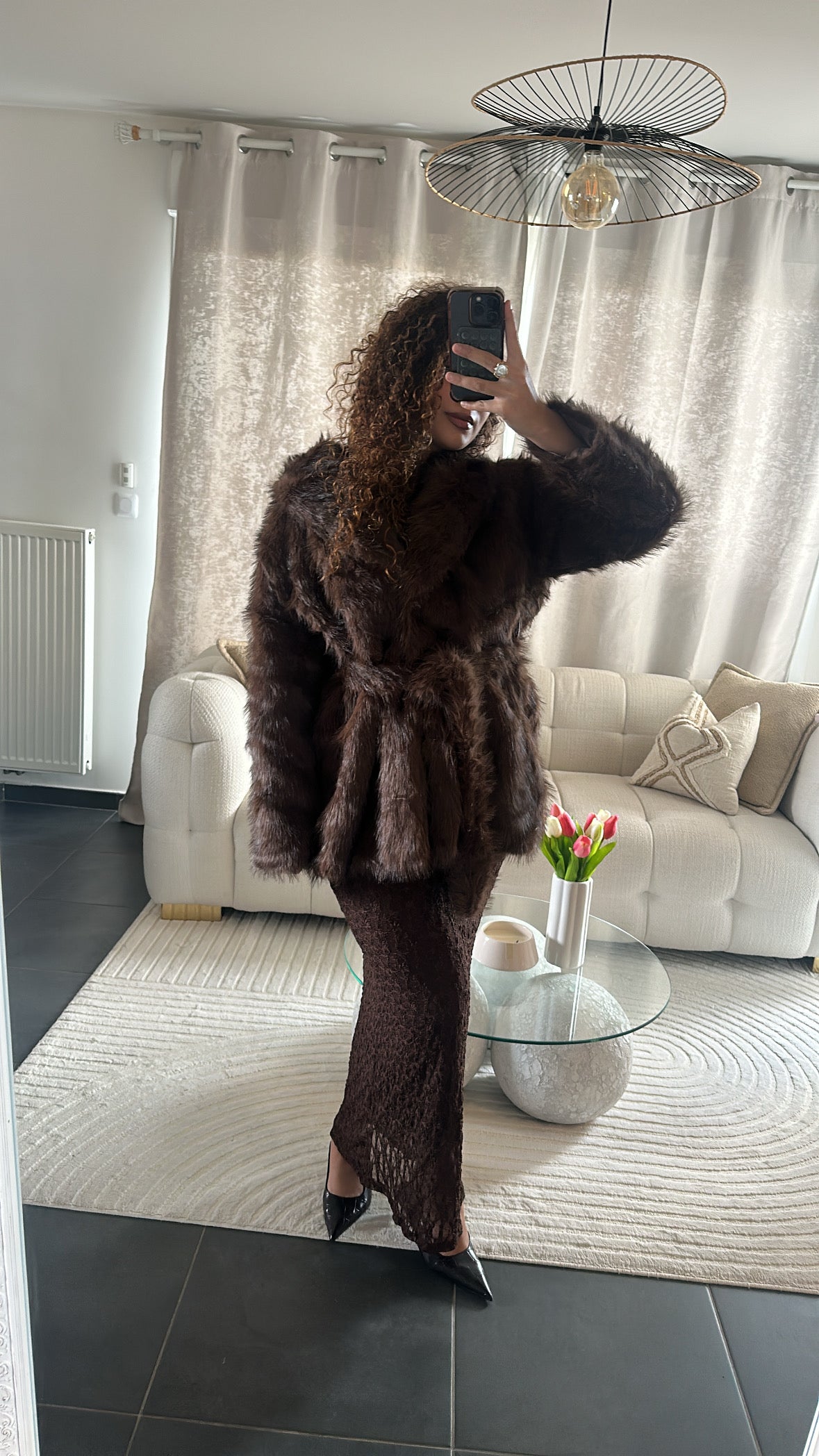 Manteau en fausse fourrure | avec ceinture