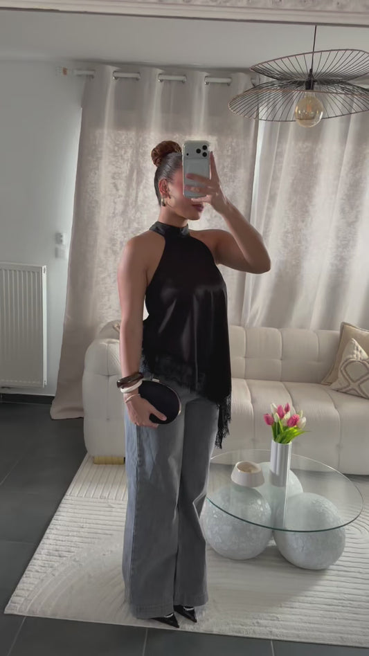 Top satinée à dentelle | Black